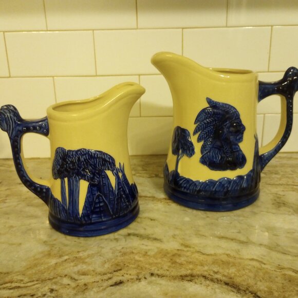 Western Style Ceramic Pitchers Sleepy Eye Indian Chief Cobalt Blue